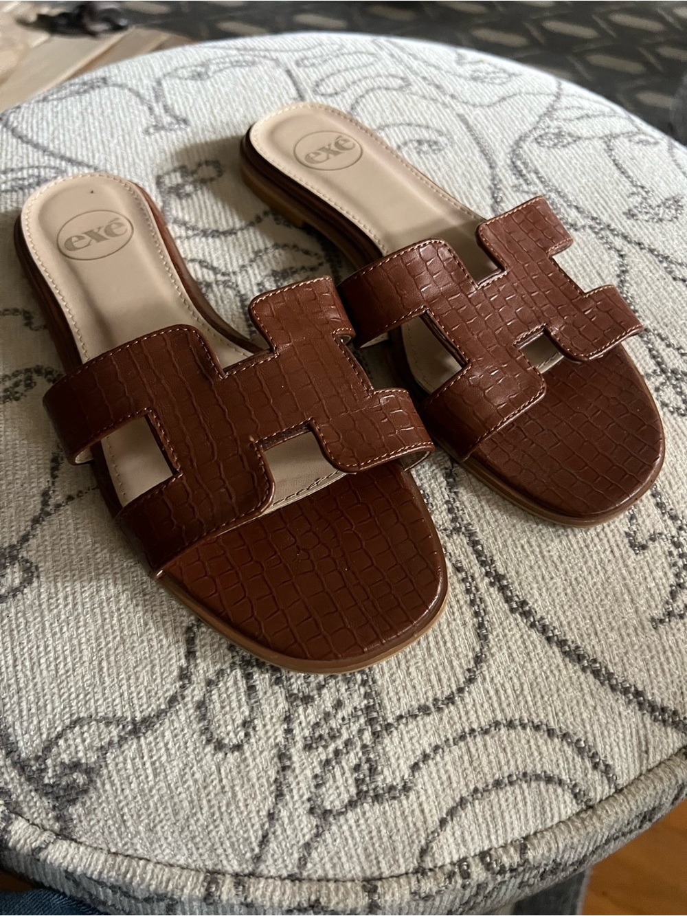 Brown Croc-Embossed Slide Sandals